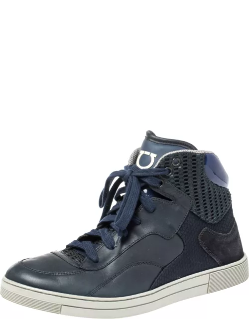 Salvatore Ferragamo Blue Leather and Mesh High Top Sneaker