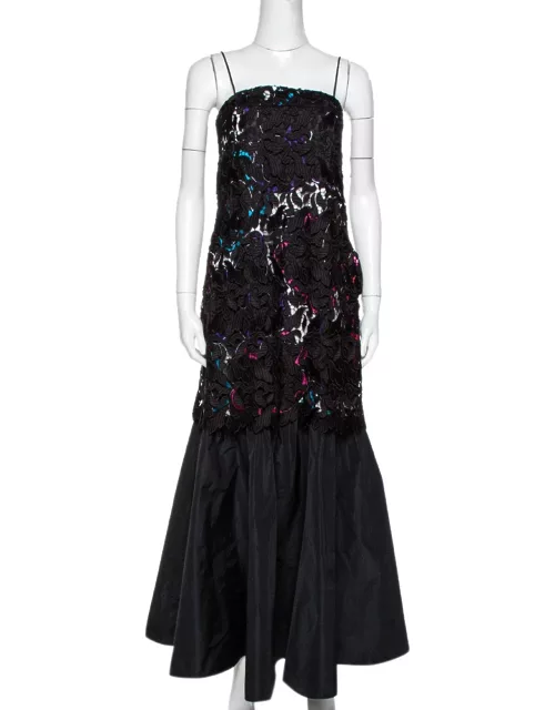 Emporio Armani Black Printed Satin & Lace Overlay Maxi Dress