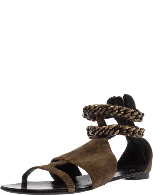 Giuseppe Zanotti Green Suede Chained Ankle Strap Flat Sandal