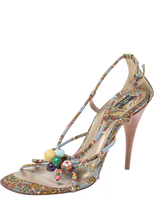 Etro Multicolor Fabric Paisley Print Strappy Embellished Open Toe Ankle Strap Sandal