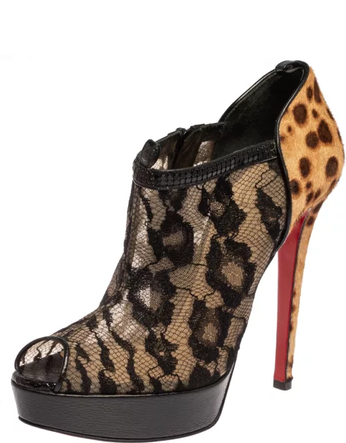 Christian Louboutin Black/Brown Leopard Pony Hair And Lace Bridget Peep Toe Ankle Bootie