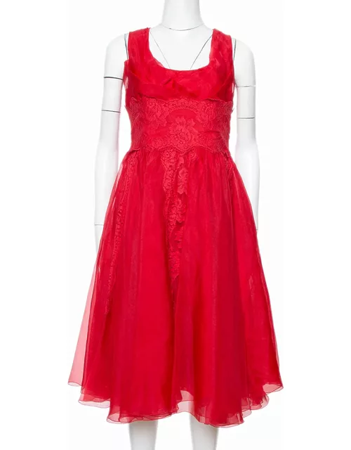Dolce & Gabbana Red Silk Organza Lace Trim Flared Dress