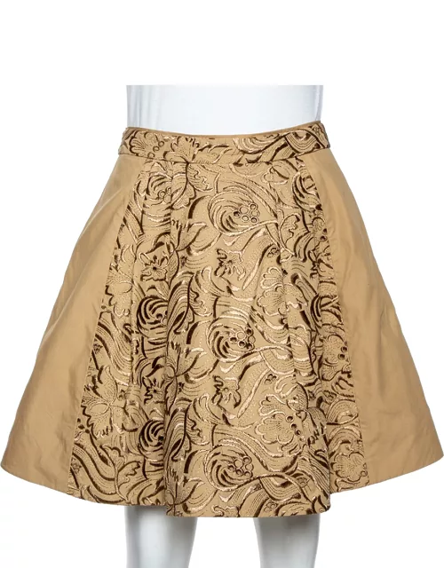 Roberto Cavalli Beige Embroidered Cotton Pleated Mini Skirt