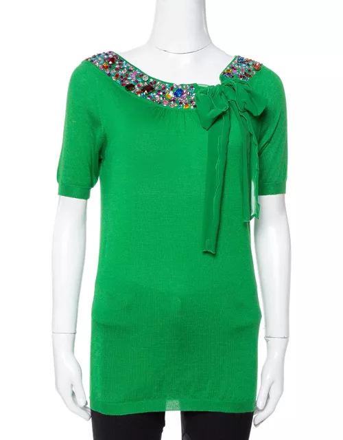 Dior Green Cashmere & Silk Knit Embellished Neck Top