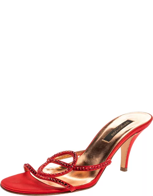 Sergio Rossi Red Satin Crystal Embellished Slip On Sandal