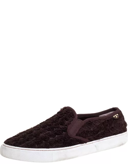 Tory Burch Dark Brown Fabric Rosette Slip On Sneaker