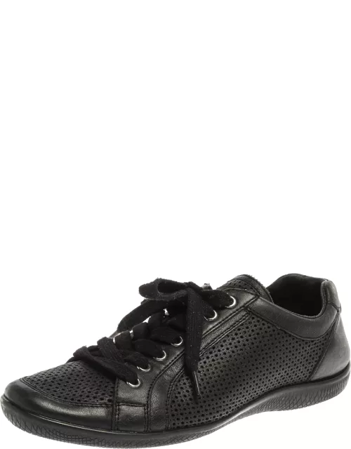 Prada Sports Black Perforated Leather Lace Up Low Top Sneaker