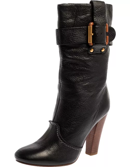 Chloe Black Leather Mid-Calf Buckle Boot