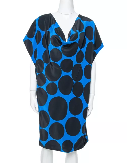Gucci Black & Blue Dot Print Silk Draped Mini Dress