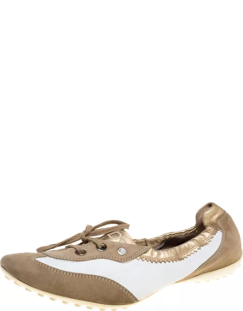 Tod's White/Gold Leather and Suede Gomma Lace Slip On Sneaker