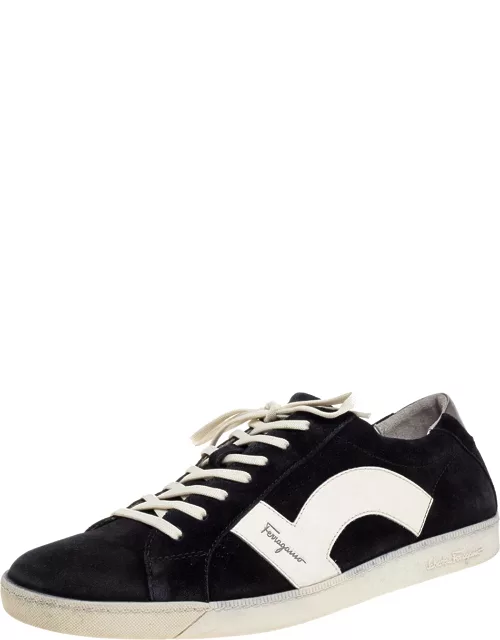 Salvatore Ferragamo Black/White Leather and Suede Low Top Sneaker
