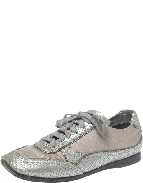 Louis Vuitton Silver/Beige Monogram Fabric and Python Lace Low Top Sneaker