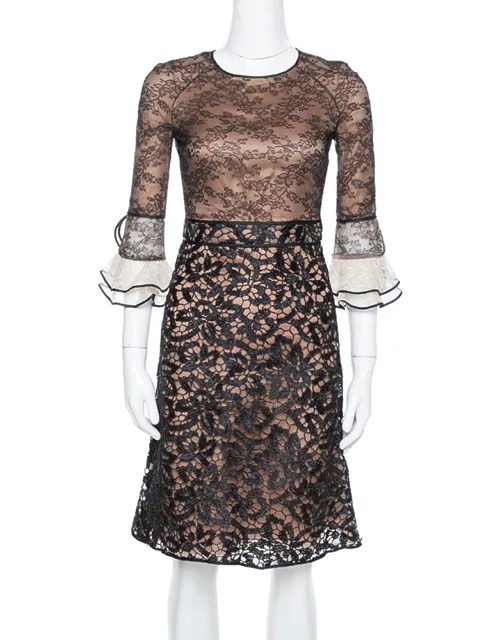 Valentino Black Lace Overlay Flute Sleeve Midi Dress
