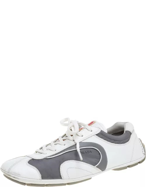 Prada White/Grey Leather and Nylon Low Top Sneaker