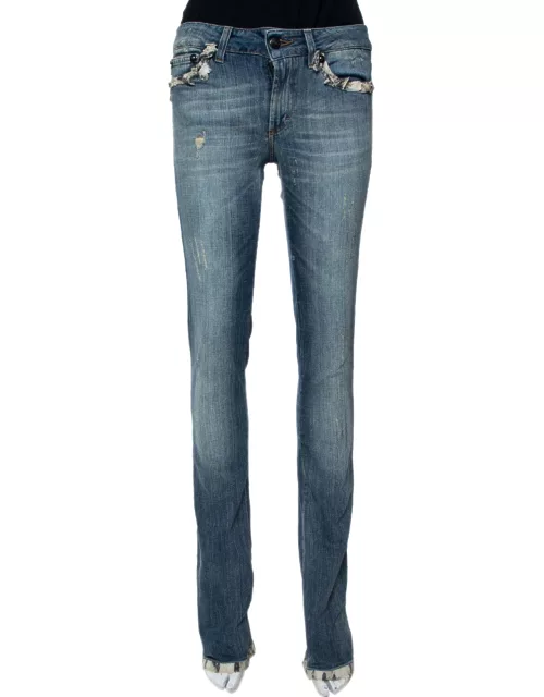 Just Cavalli Light Wash Denim Lace Trim Detail Straight Fit Jeans