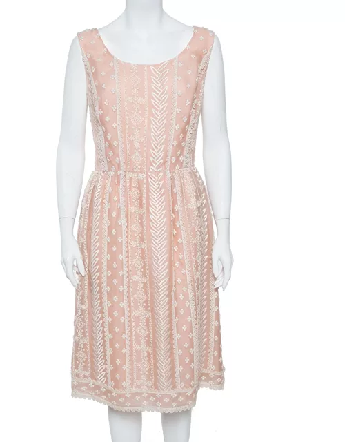 Oscar de la Renta Pale Pink Organza Silk Embroidered Sleeveless Dress