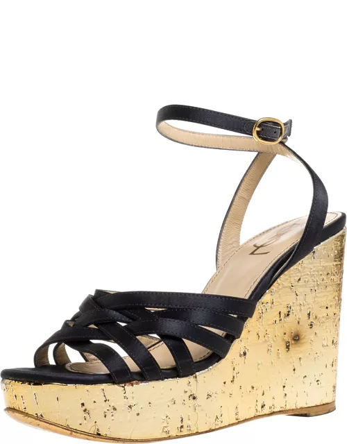 Yves Saint Laurent Paris Dark Grey/Gold Satin Strappy Ankle Strap Wedge Sandal