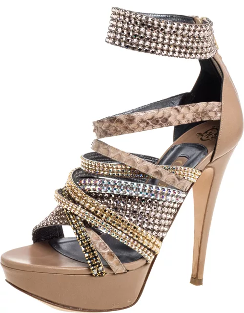 Gina Beige Leather And Python Trim Crystal Embellished Strappy Platform Ankle Cuff Sandal