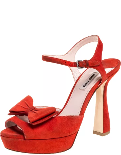 Miu Miu Red Suede Bow Ankle Strap Platform Sandal