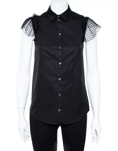 N21 Black Cotton Grid Lace Paneled Feather Trim Shirt