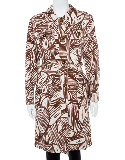 Max Mara White & Brown Printed Canvas Belted Coat