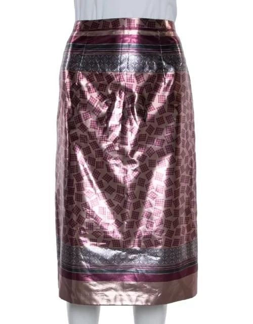 Burberry Champagne Pink Printed Lamé Pencil Skirt