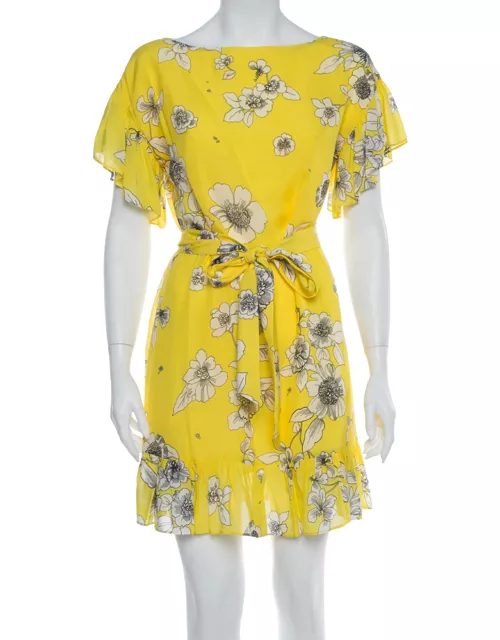 Alice + Olivia Yellow Floral Print Chiffon Ruffled Ellamae Dress