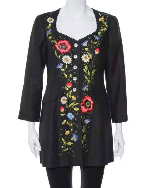 Kenzo Vintage Black Floral Embroidered Linen Button Front Jacket