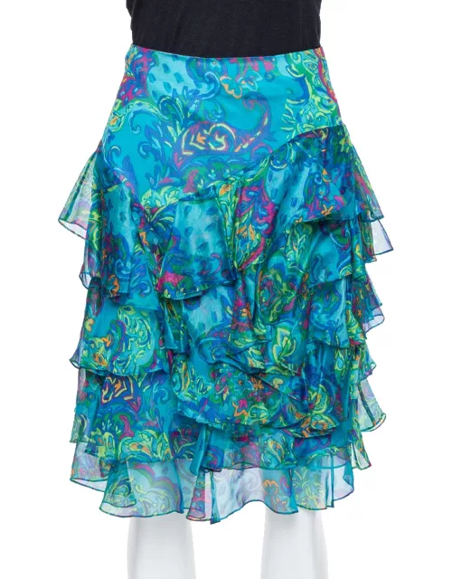 Ralph Lauren Blue Printed Silk Ruffle Detail Mini Skirt