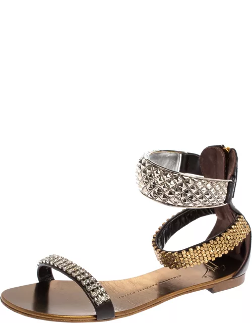 Giuseppe Zanotti Brown Leather Crystal Embellished Ankle Cuff Flat Sandal