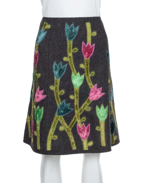 Emporio Armani Grey Wool Floral Appliqued A-Line Skirt