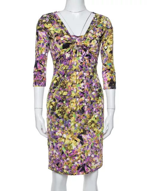 Roberto Cavalli Multicolor Printed Jersey Brooch Detail Dress