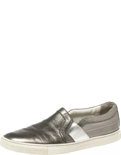 Lanvin Metallic Grey Leather Slip On Sneaker