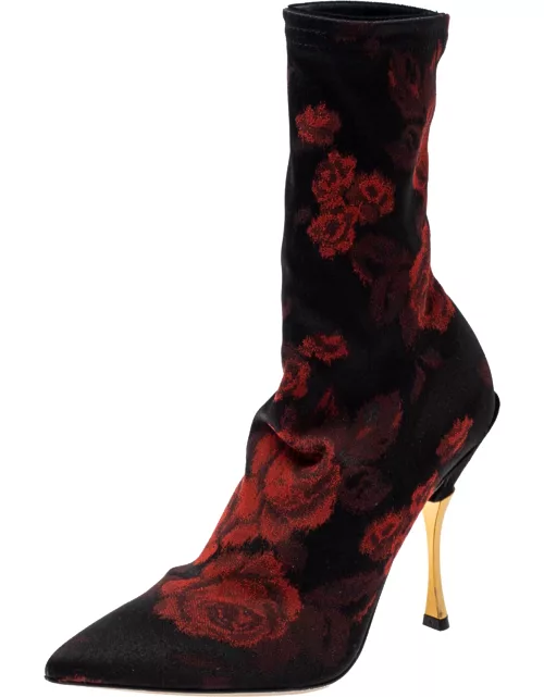 Docle & Gabbana Black/Red Rose Jacquard Fabric Boot