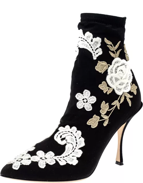 Dolce & Gabbana Black Jersey Flower Embroidered Stretch Bootie
