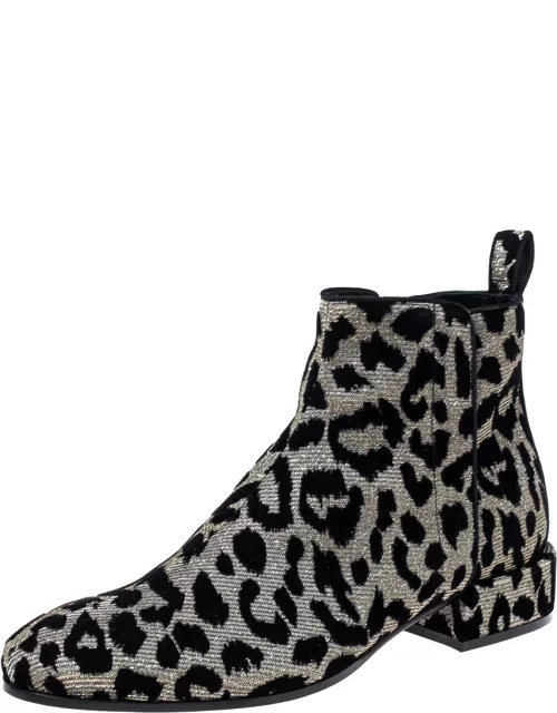 Dolce & Gabbana Black/Silver Animal Print Lurex and Velvet Ankle Boot