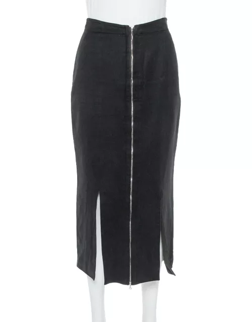 Alaia Vintage Black Cotton & Wool Slit Detail Midi Skirt