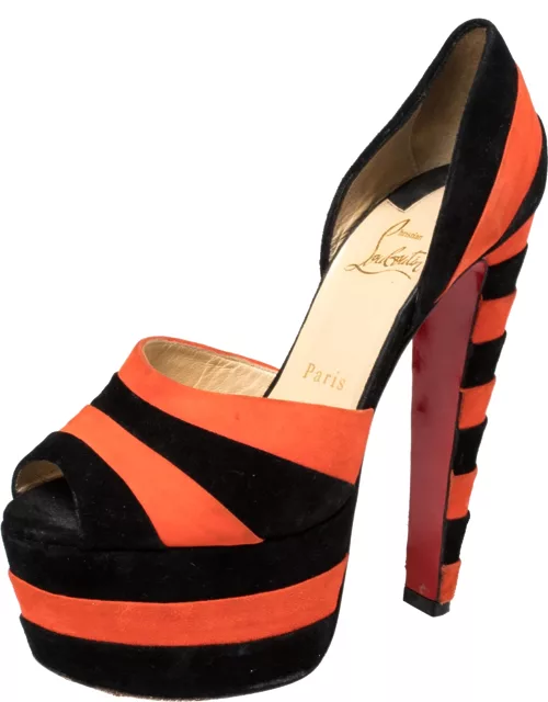 Christian Louboutin Black/Orange Suede Striped Platform Peep Toe Sandal