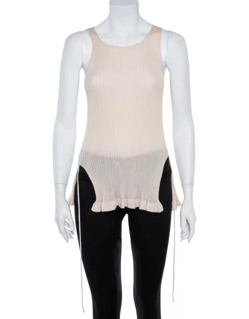 Christian Dior Beige Rib Knit Front Tie Detail Sleeveless Top