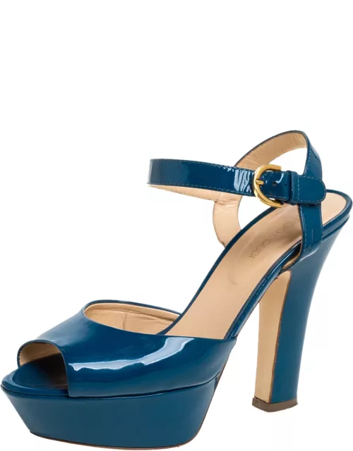 Sergio Rossi Blue Patent Leather Platform Peep Toe Ankle Strap Sandals