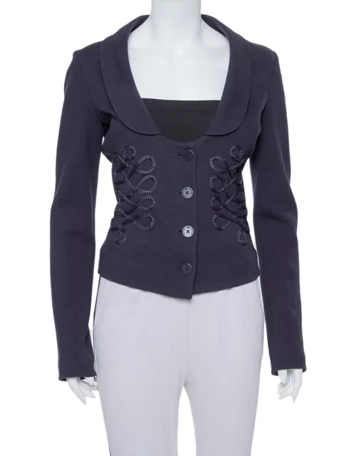 Emporio Armani Navy Blue Cotton Knit Trim Detail Collared Jacket