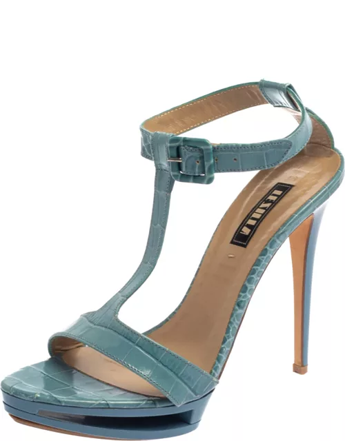 Le Silla Blue Croc Embossed Leather Embossed T-Strap Platform Sandal
