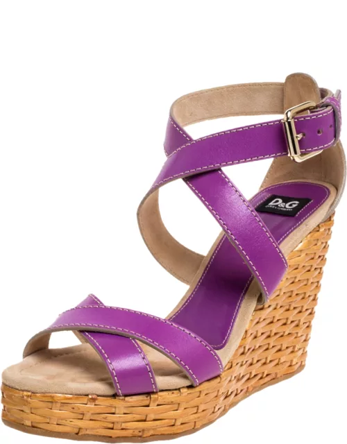 Dolce & Gabbana Purple Leather Ankle Strap Raffia Wedge Sandal