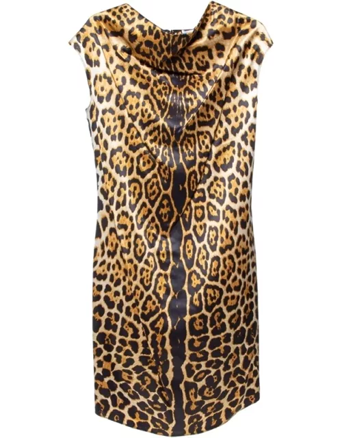 Yves Saint Laurent Brown Leopard Printed Silk Satin Cowl Neck Detail Shift Dress