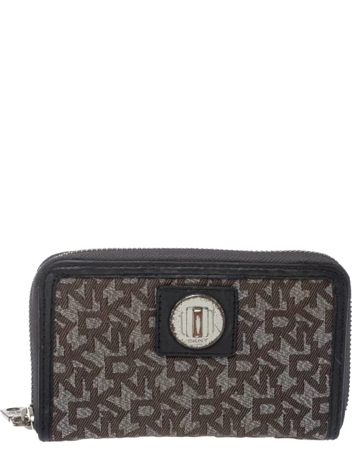 Dkny Brown/Black Monogram Canvas and Leather Zip Around Wallet