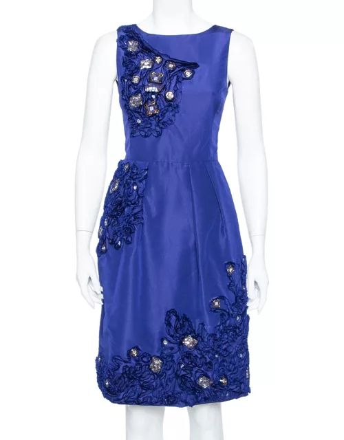 Oscar de la Renta Royal Blue Embellished Silk Sleeveless Sheath Dress