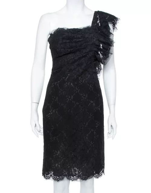 Valentino Black Lace Ruffle One Shoulder Short Dress