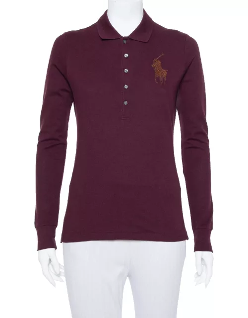 Ralph Lauren Burgundy Pique Knit Long Sleeve Polo T Shirt