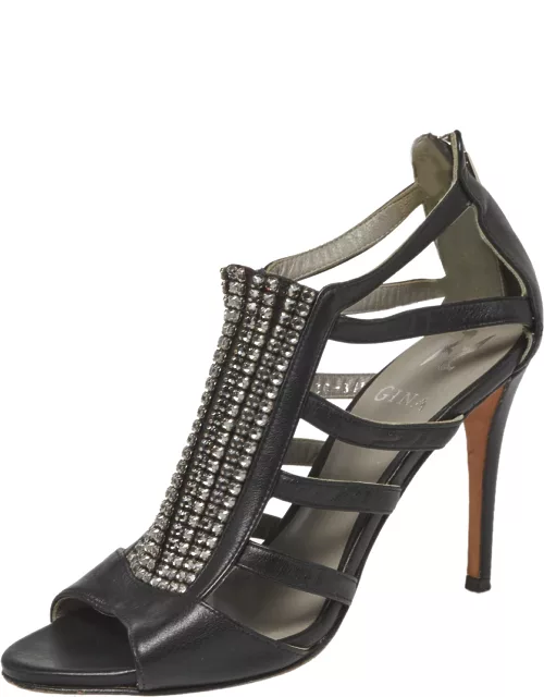 Gina Black Leather Crystal Embellished Sandal