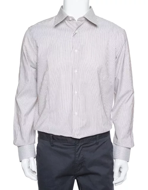 Balmain Cream & Brown Striped Cotton Button Front Slim Fit Two Ply Shirt